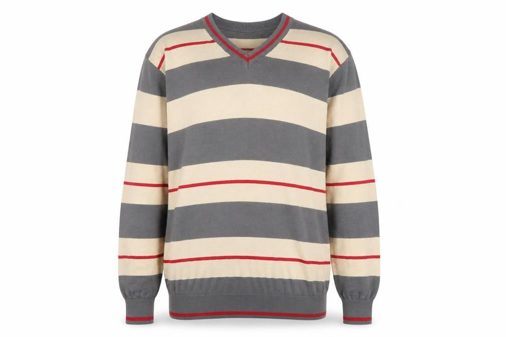 TEX-BAY Men’s Grey Beige Striped V-Neck Cotton Jumper Size L