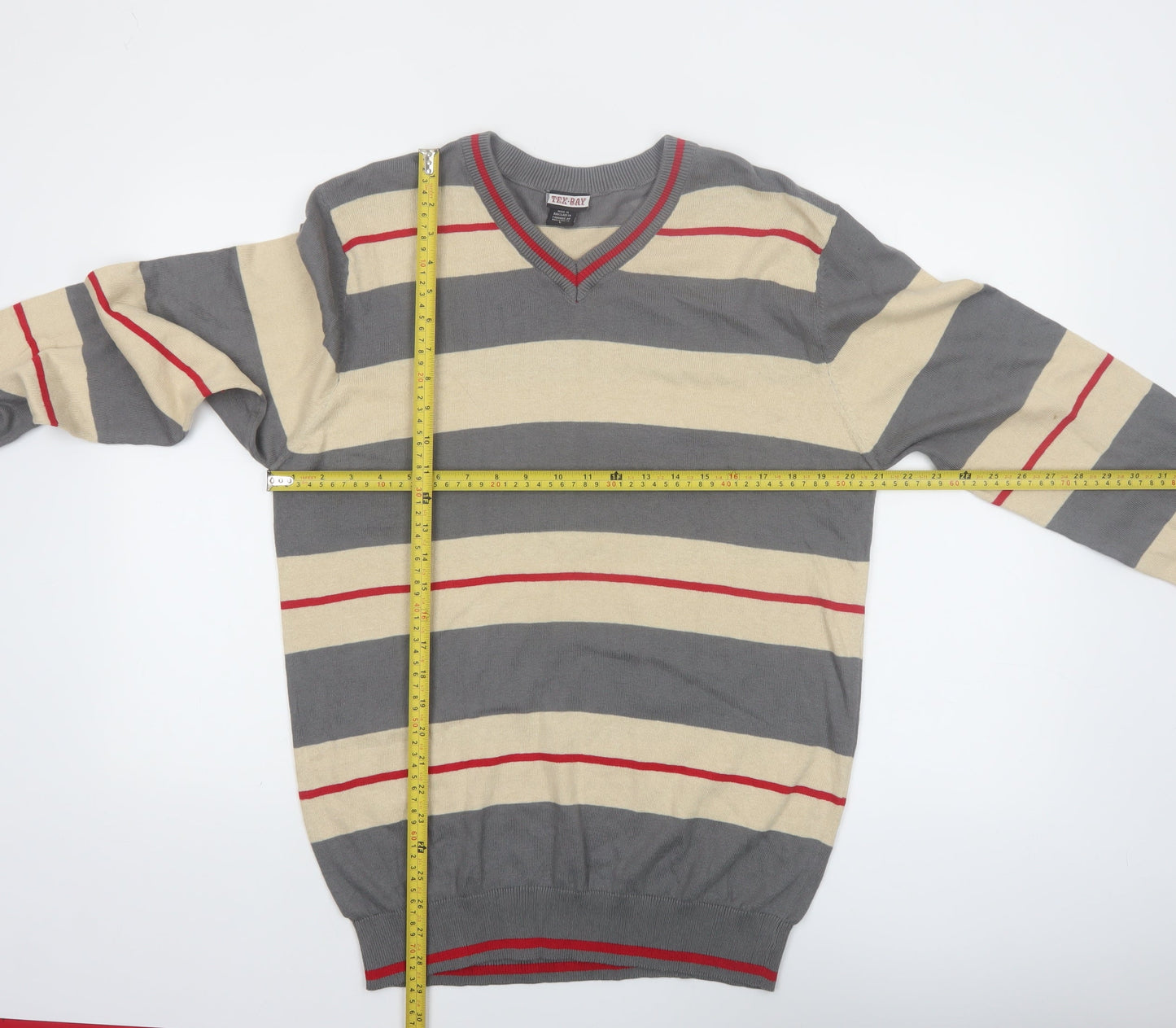 TEX-BAY Men’s Grey Beige Striped V-Neck Cotton Jumper Size L