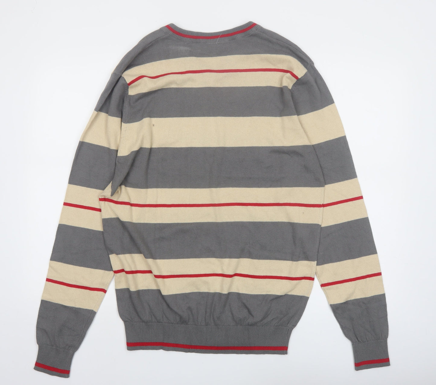 TEX-BAY Men’s Grey Beige Striped V-Neck Cotton Jumper Size L