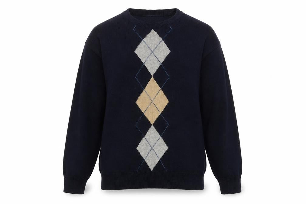 Falls Creek Men's Blue Argyle Cotton Crew Neck Jumper Size L