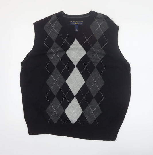 Club Room Men Black Argyle Cotton V-Neck Sleeveless Jumper XL