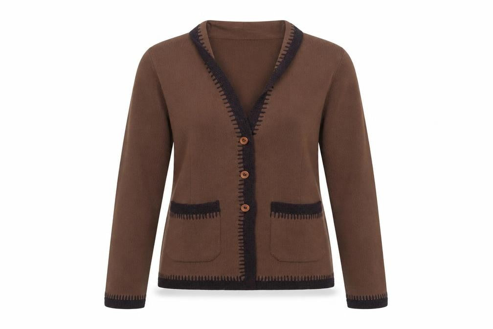 Studio M Women Petite Brown Button Cardigan V-Neck Long Sleeve