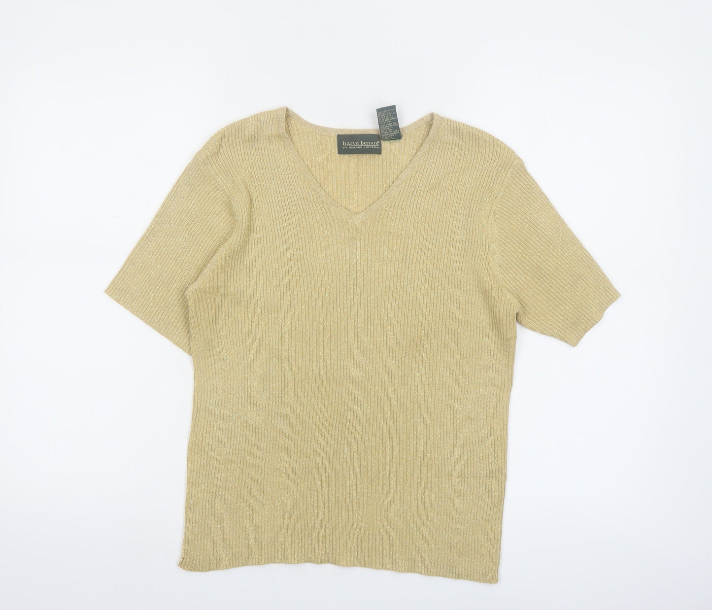 Harvé Benard Women Beige Knit V-Neck Short Sleeve Top Size M
