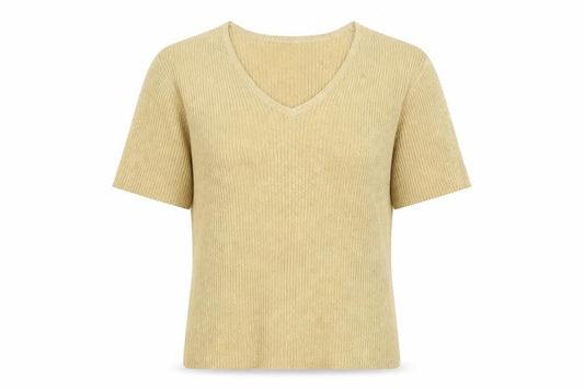 Harvé Benard Women Beige Knit V-Neck Short Sleeve Top Size M