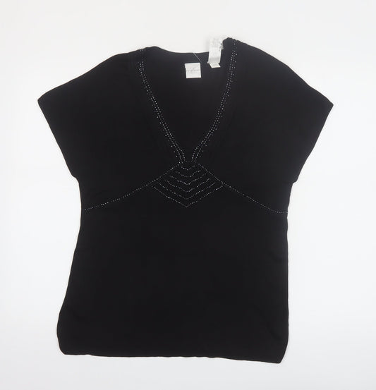 Emma James Women’s Black Silk Blend Beaded V-Neck Blouse Size L