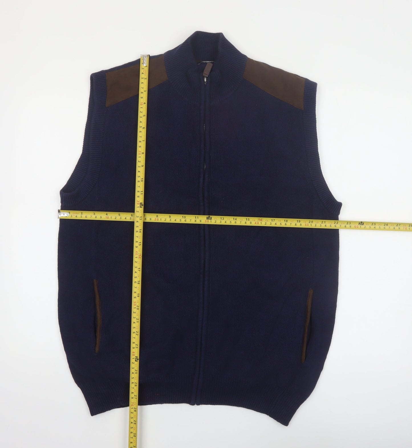 Chaps Men's Blue Cotton Full Zip Vest Jumper L Sleeveless Classic Knit