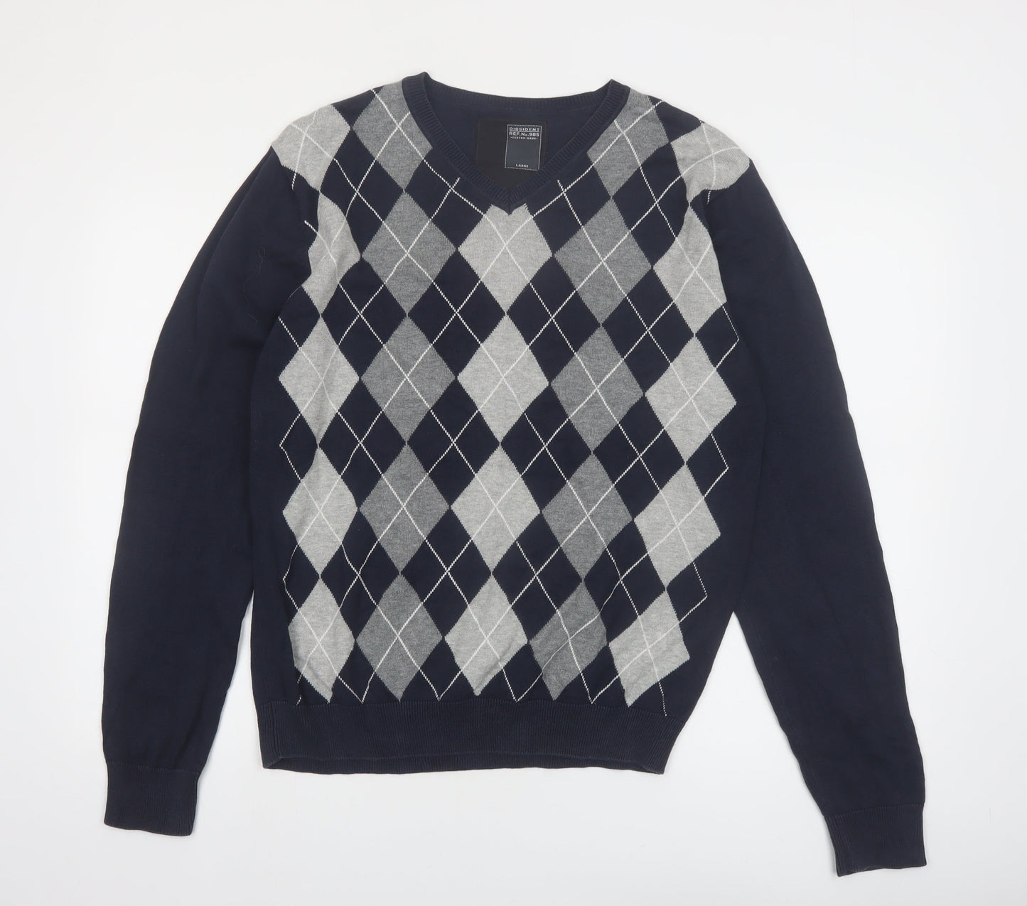 Dissident Men's Blue Argyle V-Neck Cotton Jumper Size L