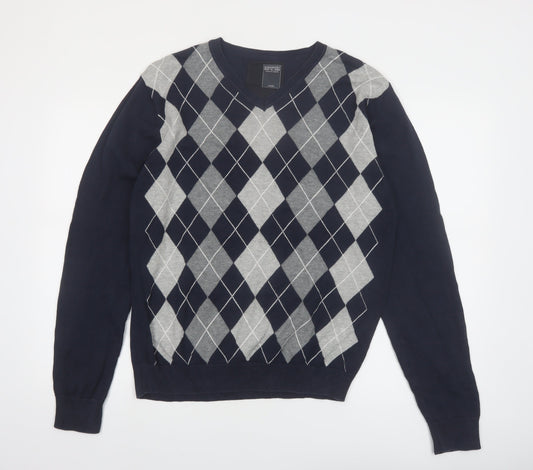 Dissident Men's Blue Argyle V-Neck Cotton Jumper Size L
