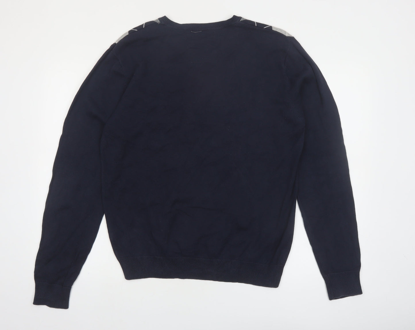 Dissident Men's Blue Argyle V-Neck Cotton Jumper Size L