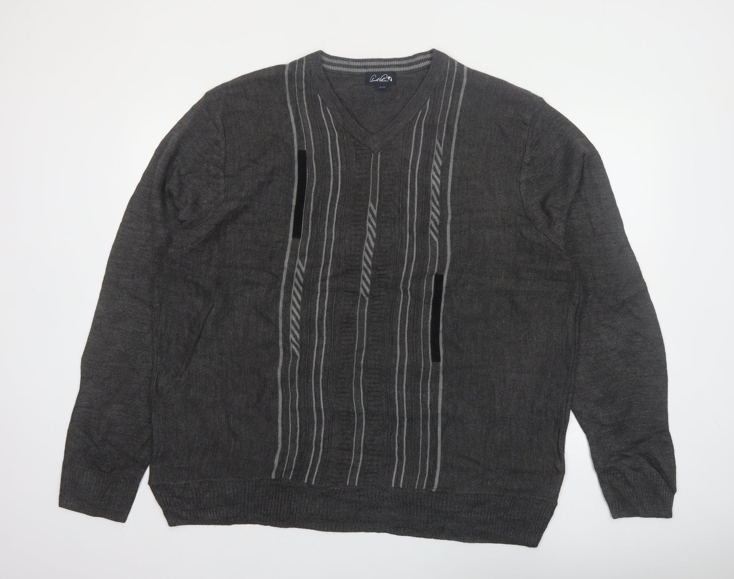 Arnold Palmer Men's Grey XL V-Neck Striped Knit Pullover Jumper
