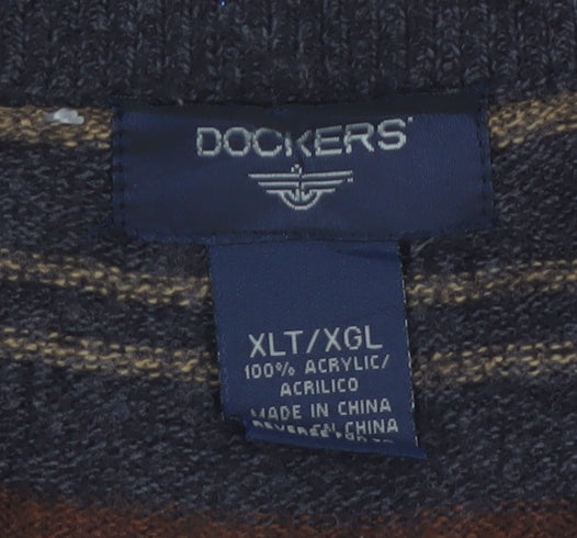 Dockers Mens Brown Striped V-Neck Pullover Jumper 2XL