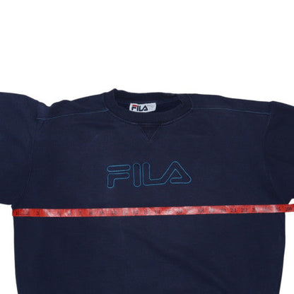 Back view of Fila Women’s Navy Blue Pullover Sweatshirt, size L, Crew Neck Vintage