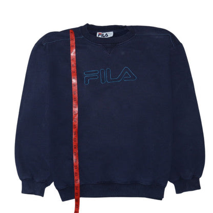 Close-up detail of Fila Women’s Navy Blue Pullover Sweatshirt, size L, Crew Neck Vintage