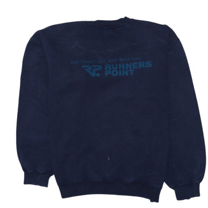Brand and care label for Fila Women’s Navy Blue Pullover Sweatshirt, size L, Crew Neck Vintage