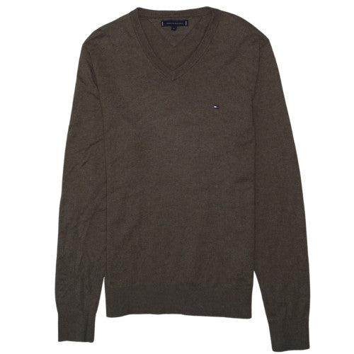 Tommy Hilfiger Men's Brown V-Neck Cotton Wool Jumper Size M