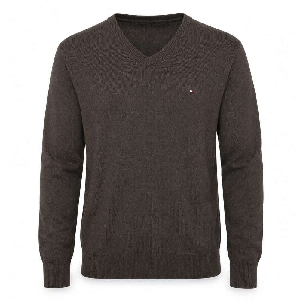 Tommy Hilfiger Men's Brown V-Neck Cotton Wool Jumper Size M