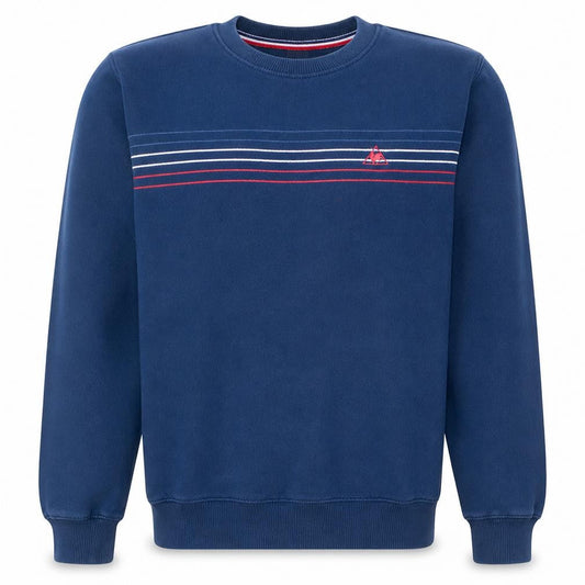Front view of Le Coq Sportif men’s blue small pullover sweatshirt crew neck