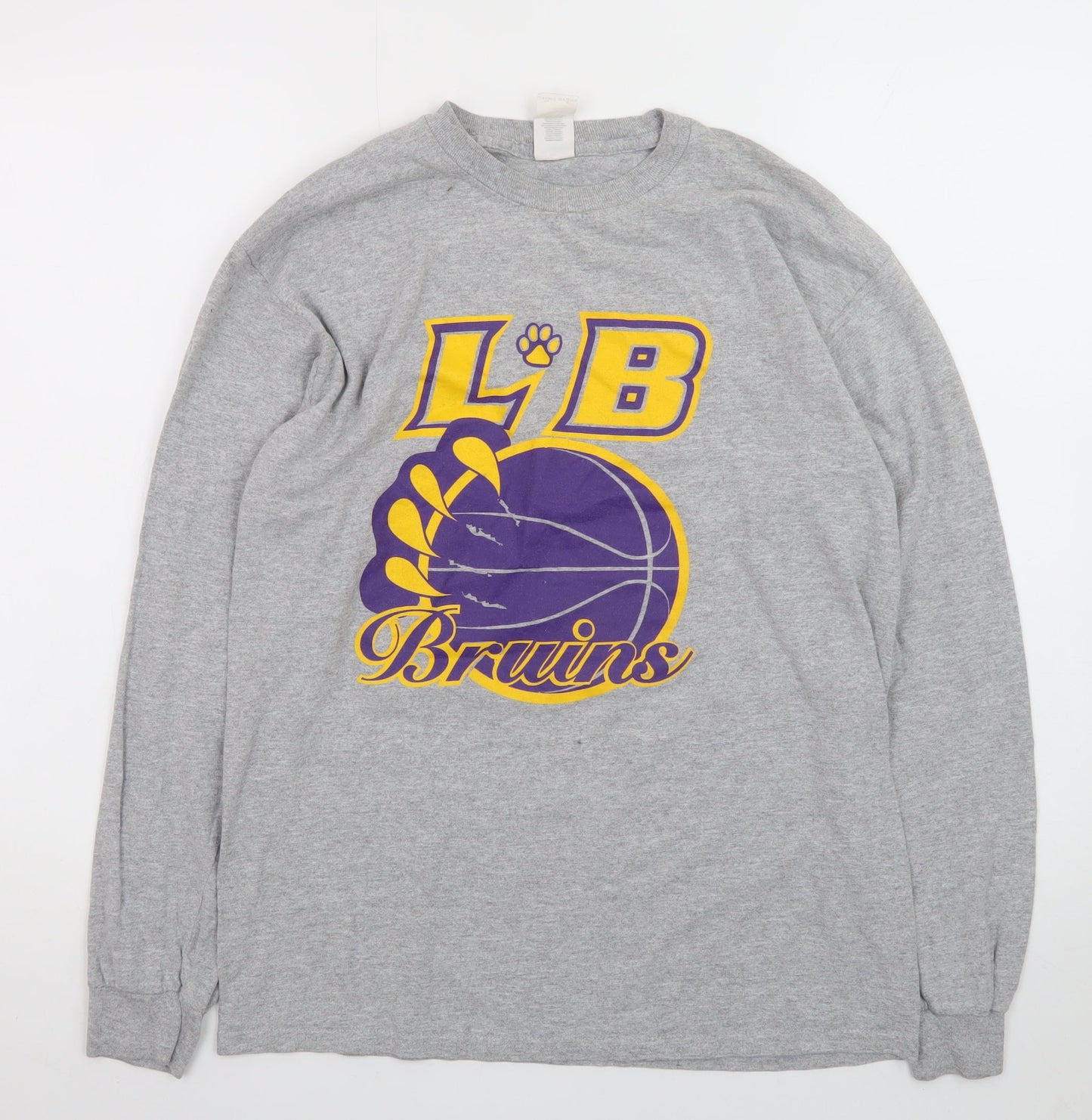 Gildan Mens Grey LB Bruins Sports Graphic Long Sleeve Cotton T-Shirt Size M