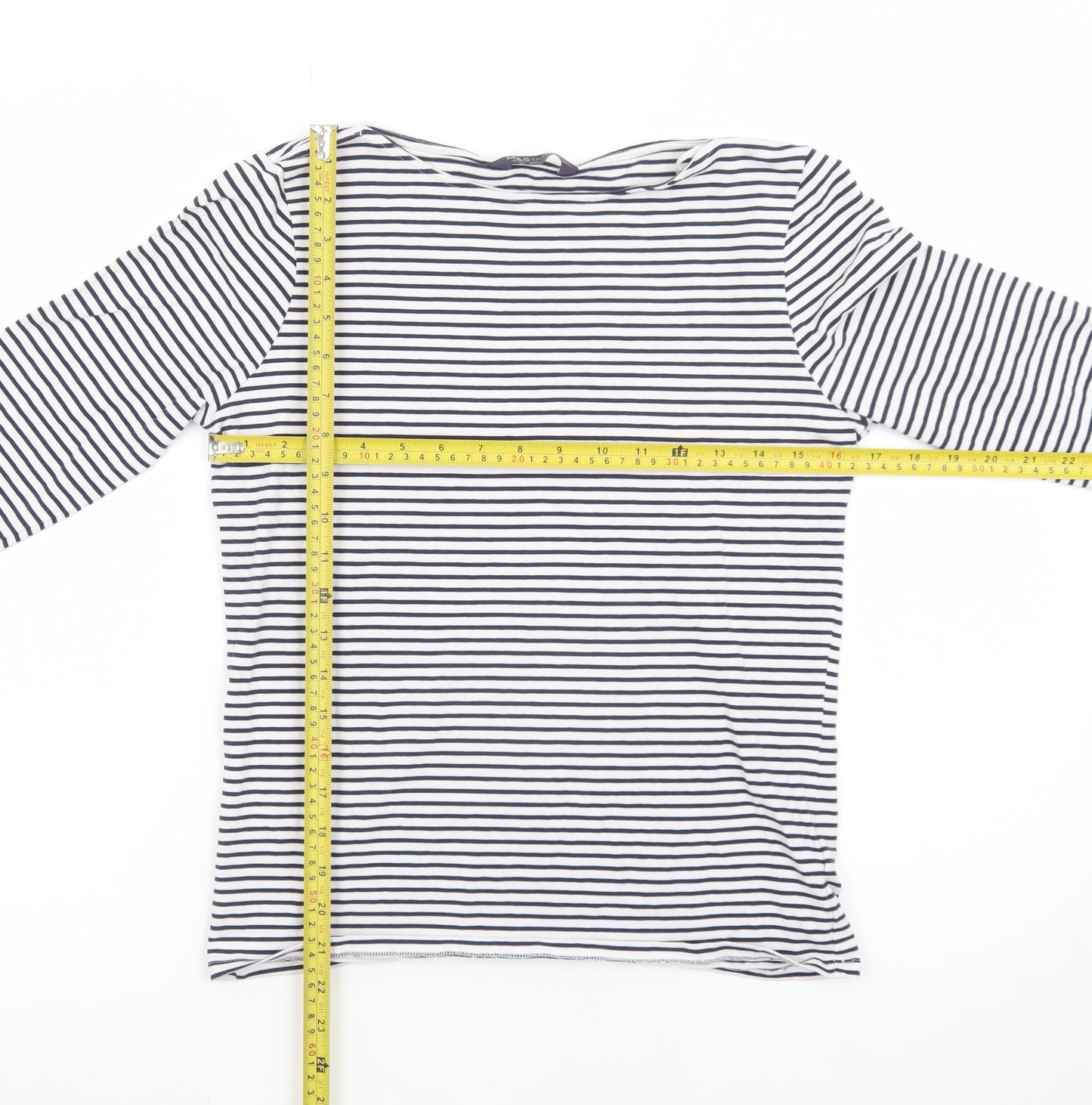 Marks and Spencer Women's White Striped 3/4 Sleeve Cotton T-Shirt Size 12
