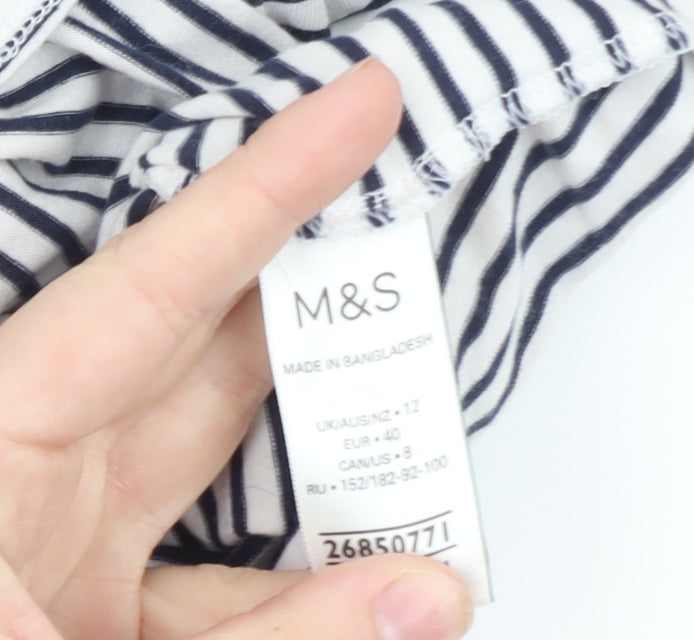 Marks and Spencer Women's White Striped 3/4 Sleeve Cotton T-Shirt Size 12