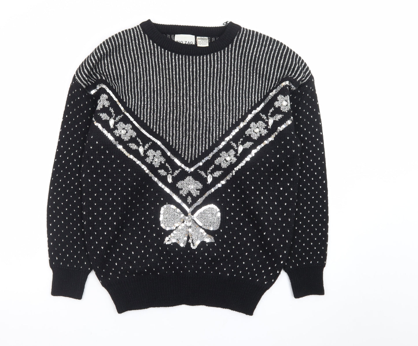 Zig Zag Womens Black Sequin Bow Retro Knit Jumper Size M