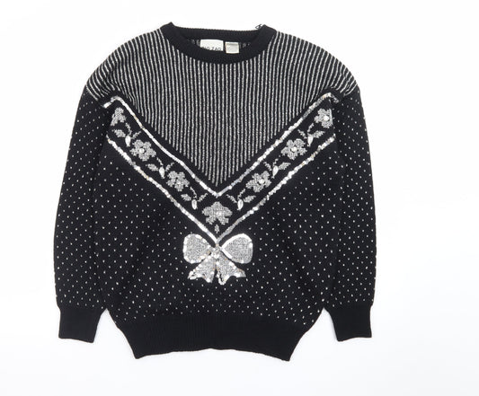 Zig Zag Womens Black Sequin Bow Retro Knit Jumper Size M