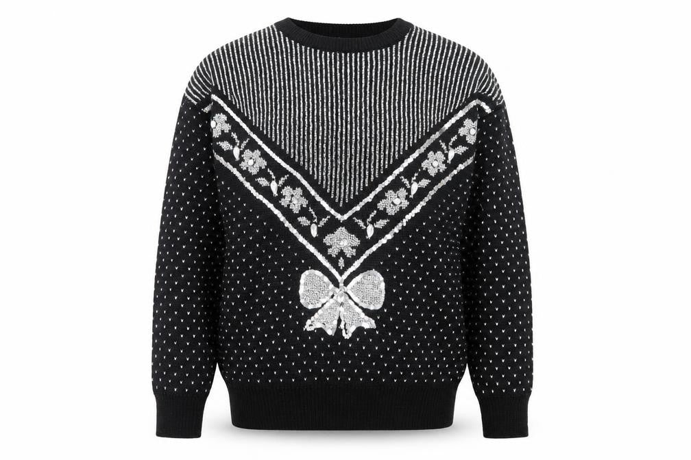 Zig Zag Womens Black Sequin Bow Retro Knit Jumper Size M