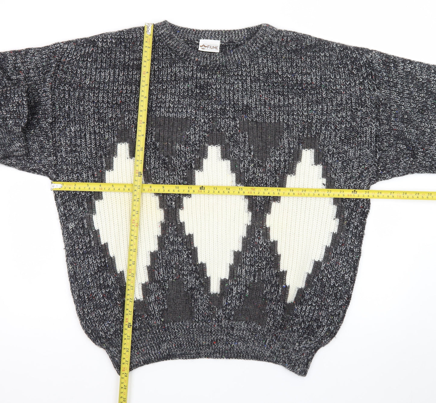 Fiume Men's Grey Argyle Wool Blend Chunky Knit Pullover Jumper XL