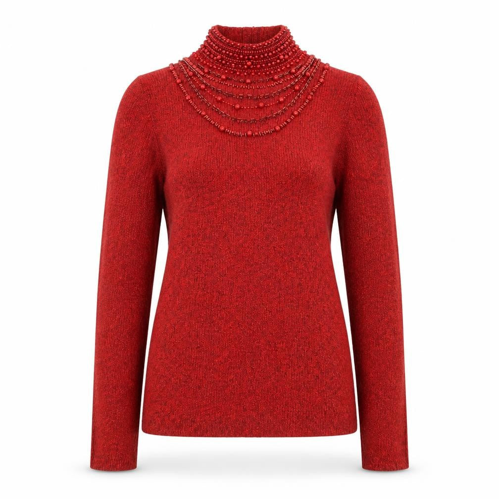Dressbarn Women Red Beaded High Neck Long Sleeve Pullover Jumper L
