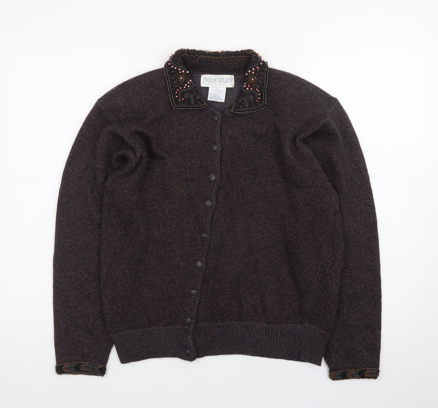 Principles Women’s Brown Beaded Collared Petite Cardigan M