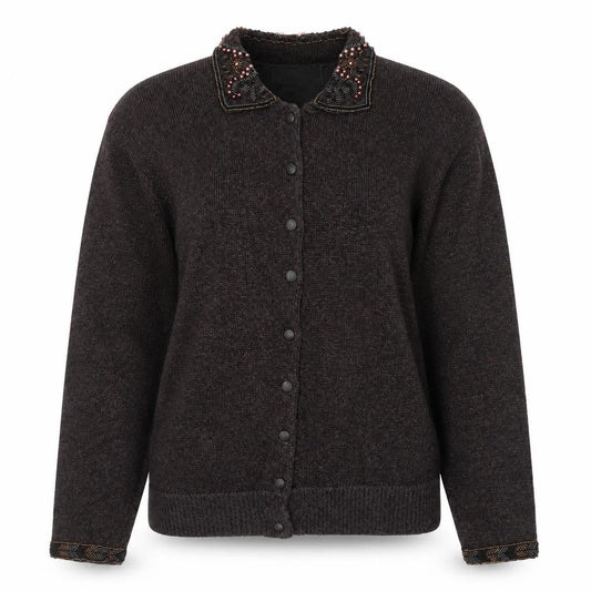 Front view of Principles Women’s Brown Beaded Collared Petite Cardigan M