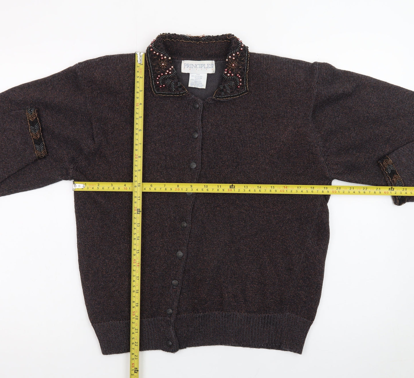 Principles Women’s Brown Beaded Collared Petite Cardigan M
