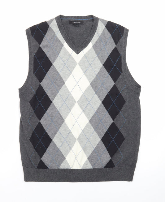 Structure Men's Grey Argyle V-Neck Sleeveless Knit Jumper Vest M