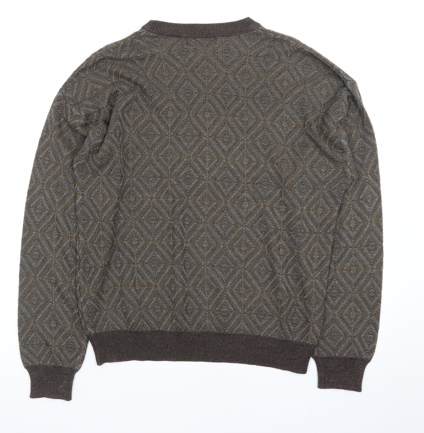 Hill & Archer Men's Brown Grey Diamond Pattern Acrylic Jumper Size L