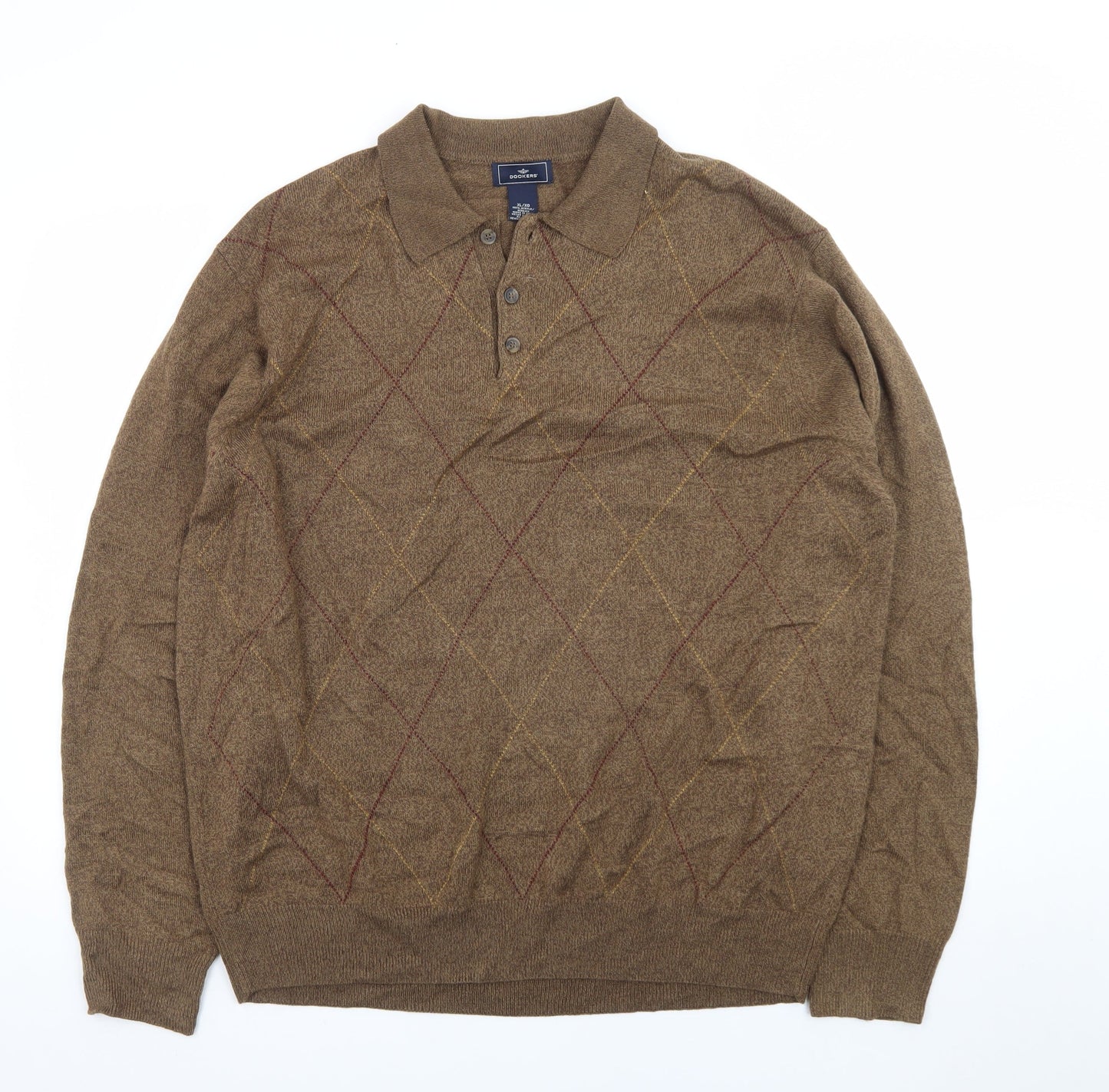 Dockers Mens Brown Argyle Collared Henley Jumper XL