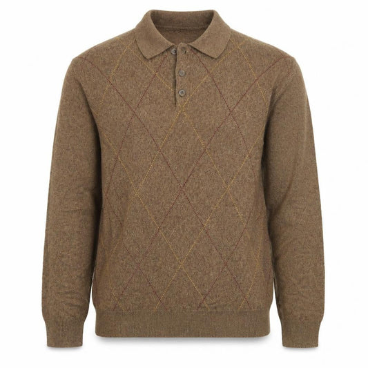 Dockers Mens Brown Argyle Collared Henley Jumper XL