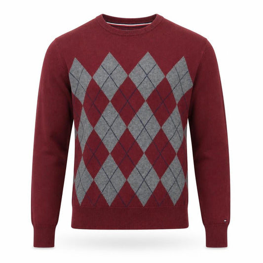 Tommy Hilfiger Men's Red Argyle Crew Neck Cotton Jumper Size S