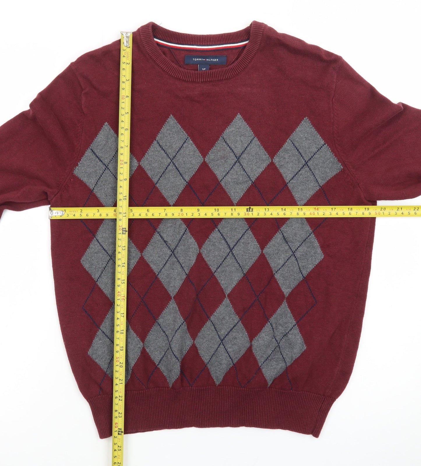 Tommy Hilfiger Men's Red Argyle Crew Neck Cotton Jumper Size S