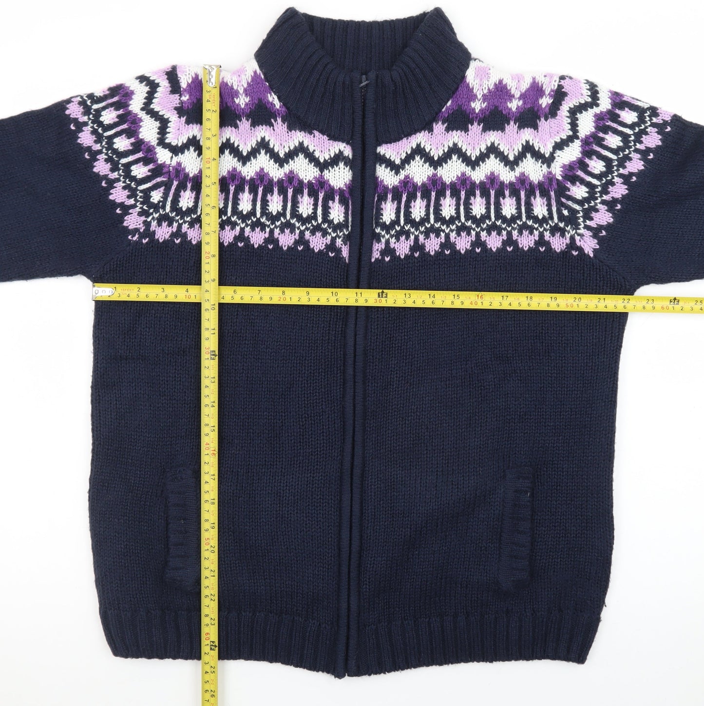 Isle Womens Blue Fair Isle Full Zip Knit Jumper Size L 18-20