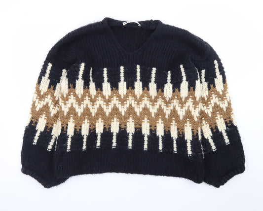 ZARA Womens Multicoloured V-Neck Chunky Knit Jumper Size S