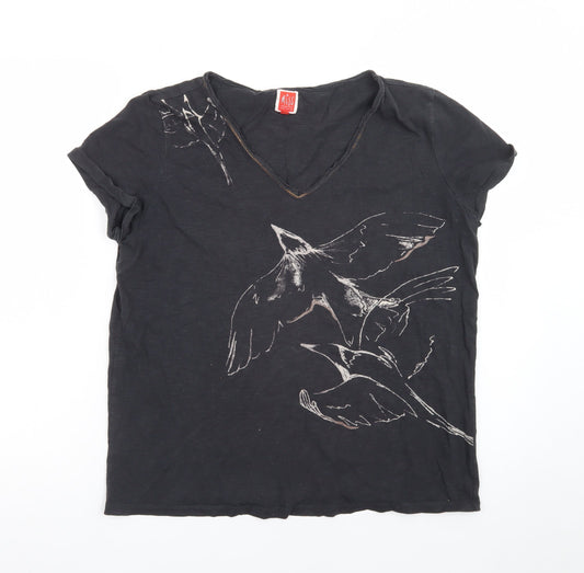 Miss Captain Women’s Black Bird Print V-Neck Cotton T-Shirt Size S