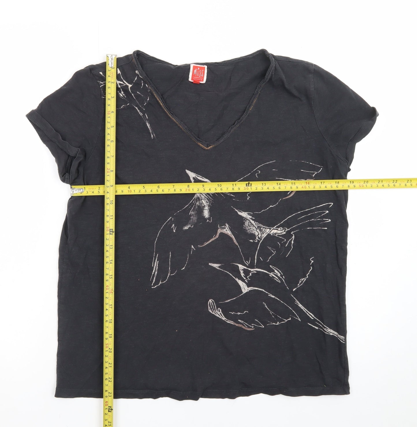 Miss Captain Women’s Black Bird Print V-Neck Cotton T-Shirt Size S