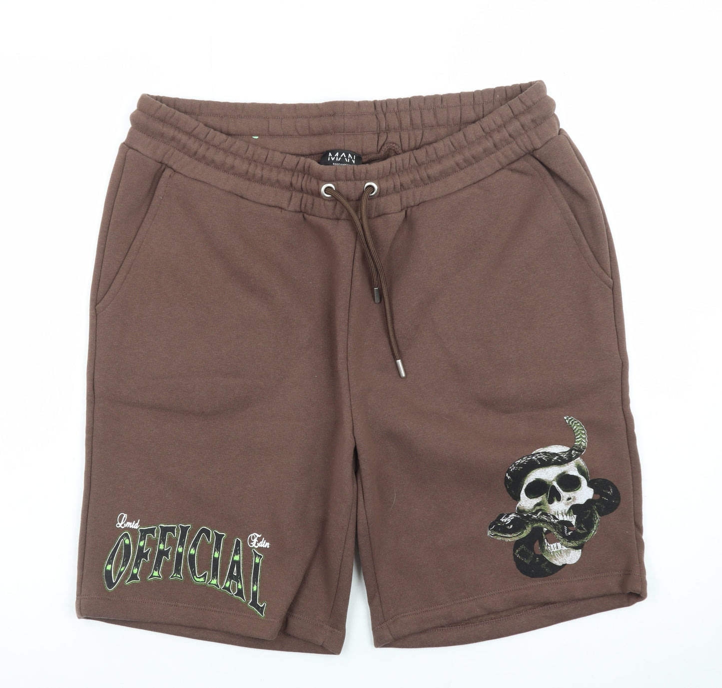 boohooMAN Men’s Brown Skull Graphic Sweat Shorts L Casual