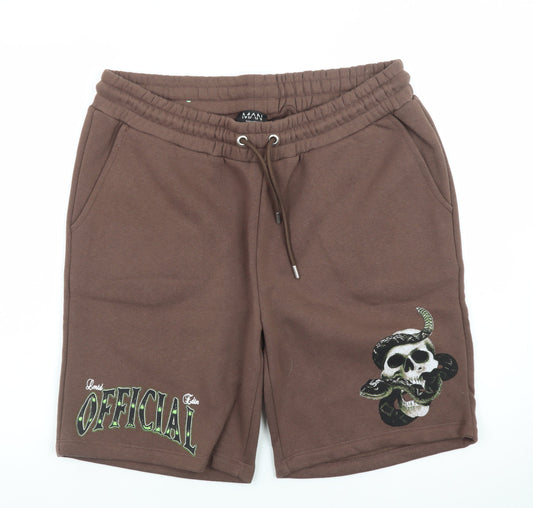 boohooMAN Men’s Brown Skull Graphic Sweat Shorts L Casual