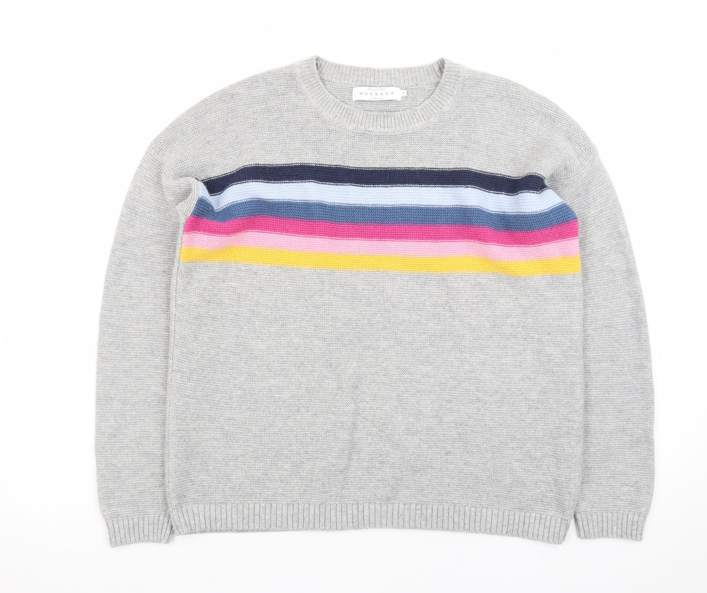 John Lewis Women Grey Striped Wool Cashmere Crew Neck Jumper Size 10