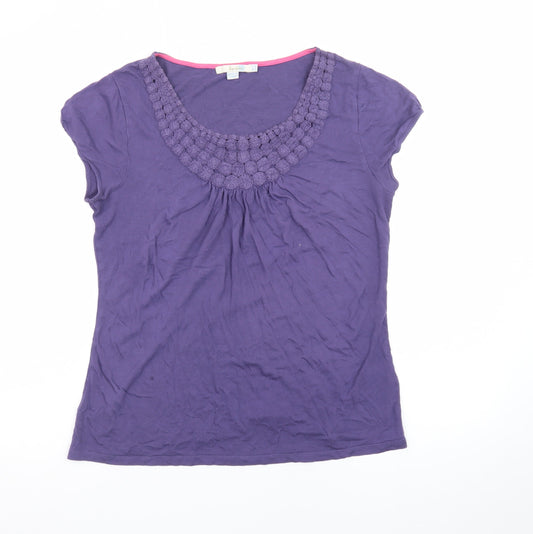 Boden Women's Purple Cotton Crochet Neck Short Sleeve Blouse Size 14