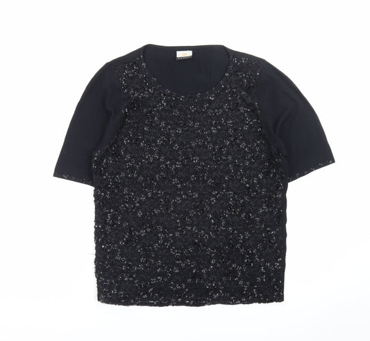 JH Event Women Black Beaded Short Sleeve Pullover Jumper Size 16