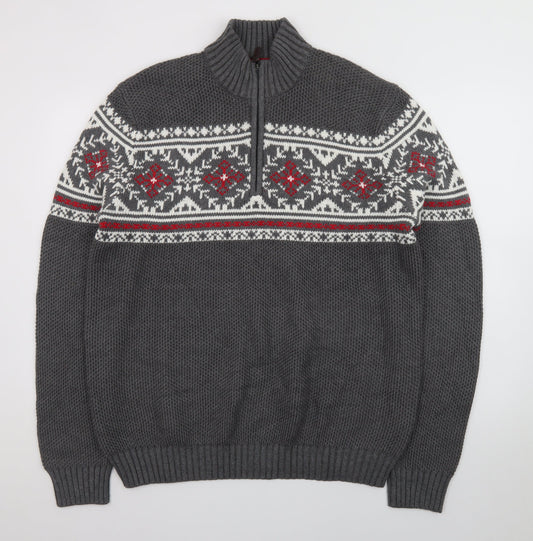 IZOD Men's Grey Fair Isle 1/4 Zip Cotton Jumper Size L