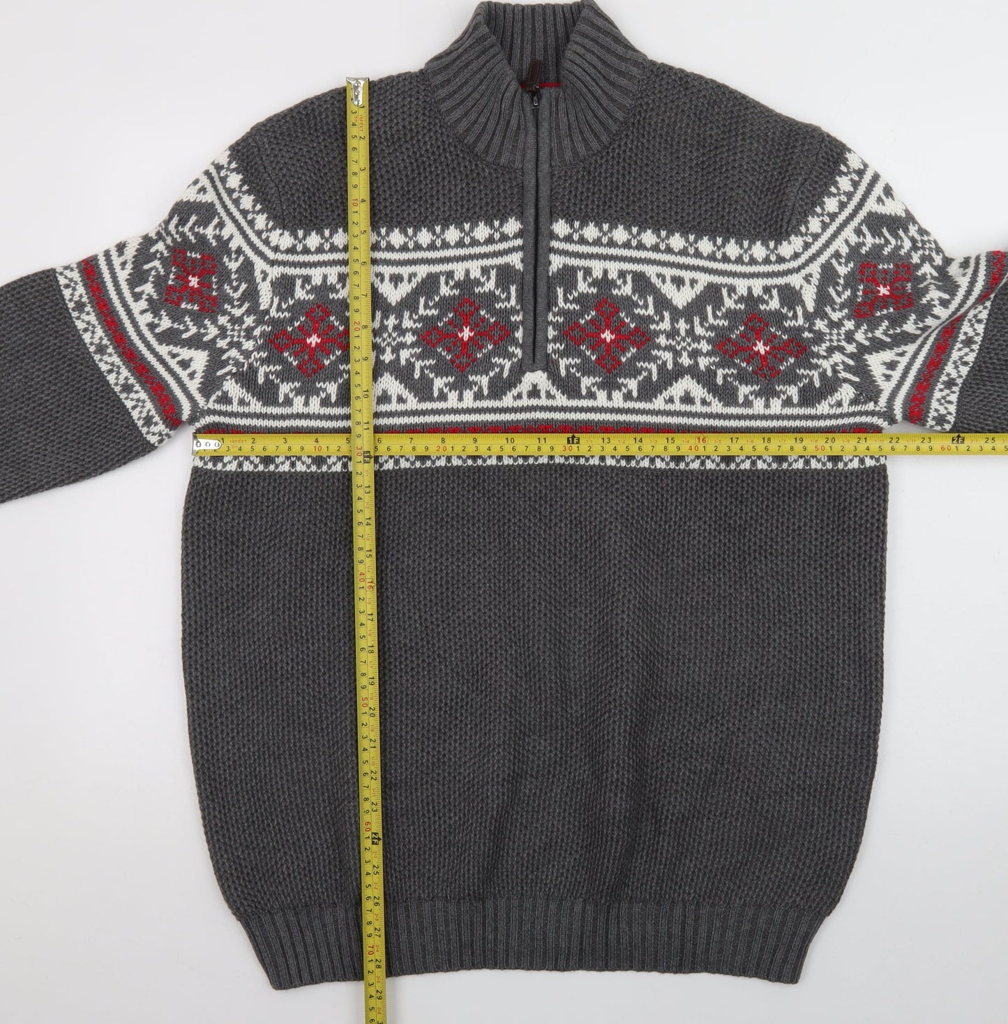IZOD Men's Grey Fair Isle 1/4 Zip Cotton Jumper Size L
