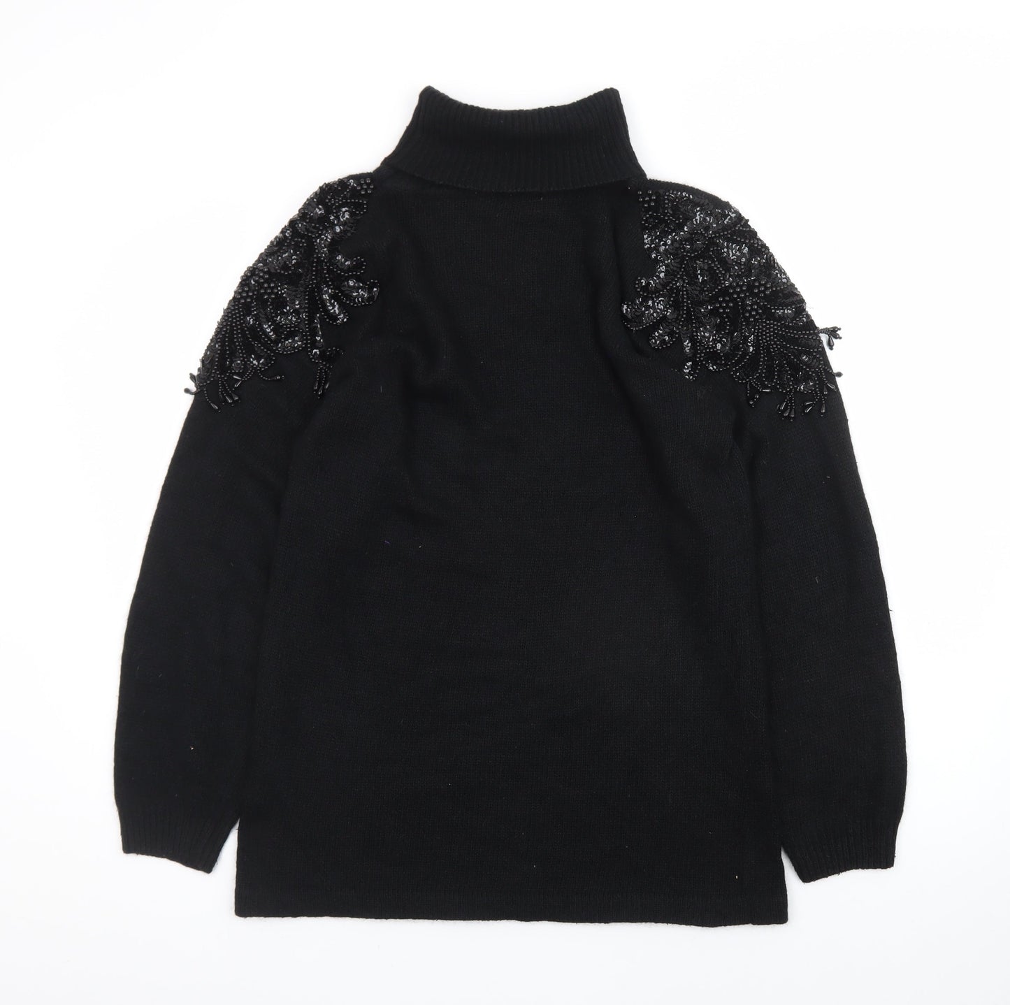 Nilani Women Black Beaded Roll Neck Long Sleeve Sweater Dress M